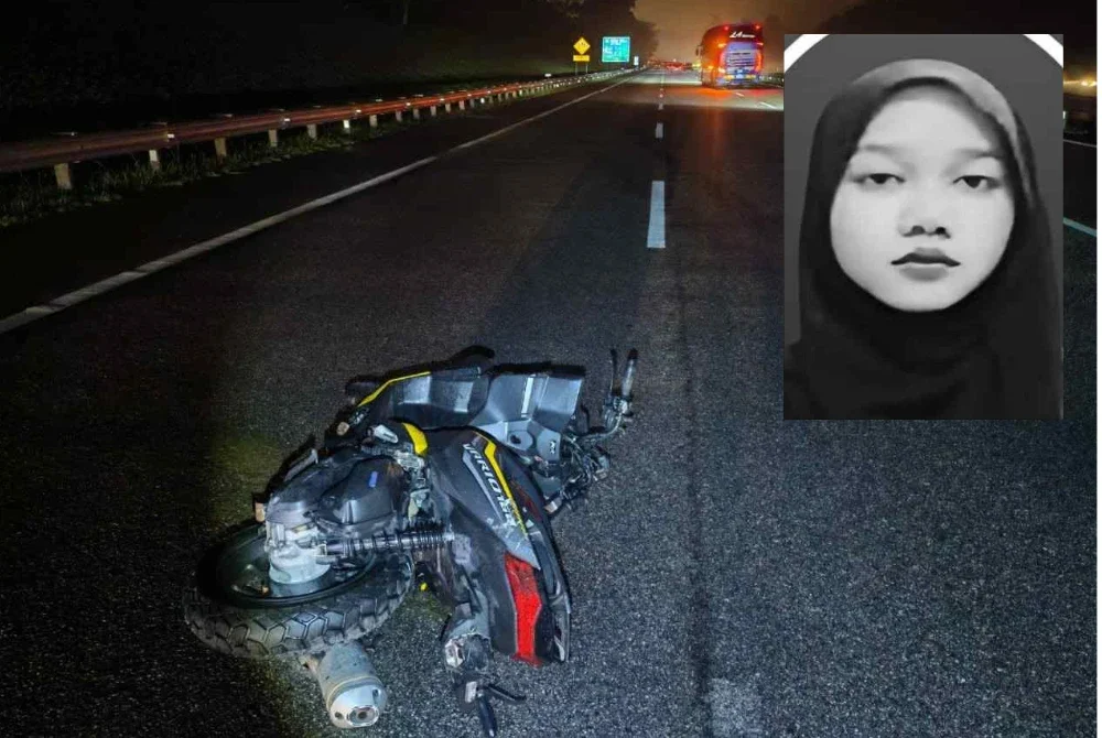 Lokasi kejadian di PLUS arah selatan berhampiran Jejantas Ayer Keroh yang meragut nyawa Nurul Fatehah Alya (gambar kecil).