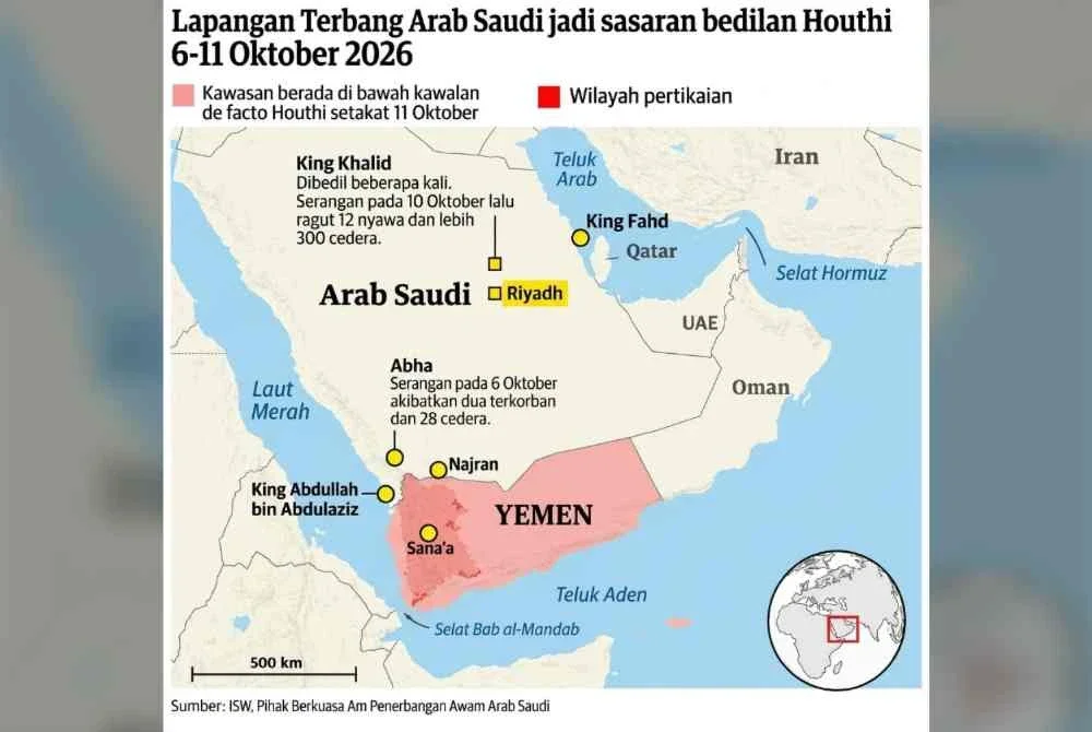 Peta menunjukkan lokasi siri serangan Houthi yang menyasarkan lapangan terbang di Saudi.