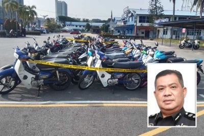 Antara motosikal yang disita atas pelbagai kesalahan dalam Operasi Khas Motosikal JSPT di Jambatan Kilometer 11, Jalan Kuala Terengganu-Kuala Berang, awal pagi Jumaat. Gambar kecil: Azli 