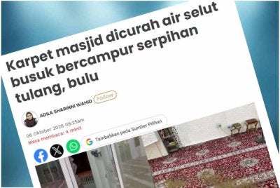 Laporan Sinar Harian mengenai insiden karpet masjid dicurah air selut busuk di Tumpat. 