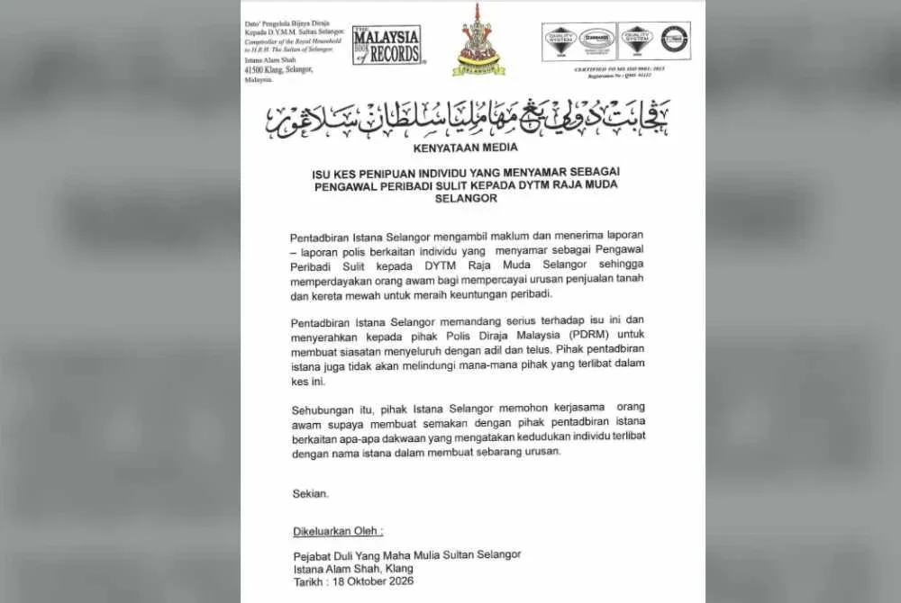 Kenyataan media yang dikeluarkan Pejabat Sultan Selangor pada Isnin