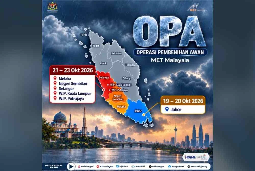 Jabatan Meteorologi Malaysia (MET Malaysia) memaklumkan Operasi Pembenihan Awan (OPA) dilaksanakan di beberapa negeri dan lokasi terpilih bermula Isnin bagi meningkatkan taburan hujan.