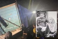 MPV dinaiki dua beranak dihempap kontena dalam kejadian di kawasan Jalan Sepanggar pada petang Ahad.