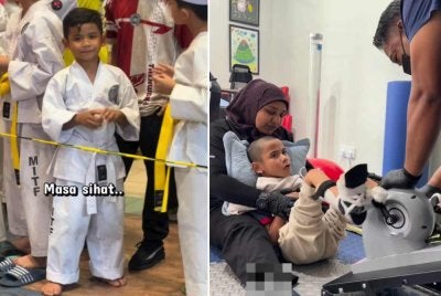 Fateh seorang kanak-kanak yang aktif sebelum terlibat dalam insiden pada Mei tahun lalu. Foto kanan: Fateh kini perlu menjalani pelbagai terapi bagi membantu proses pemulihan.