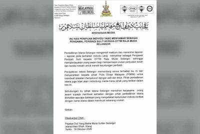 Kenyataan media yang dikeluarkan Pejabat Sultan Selangor pada Isnin
