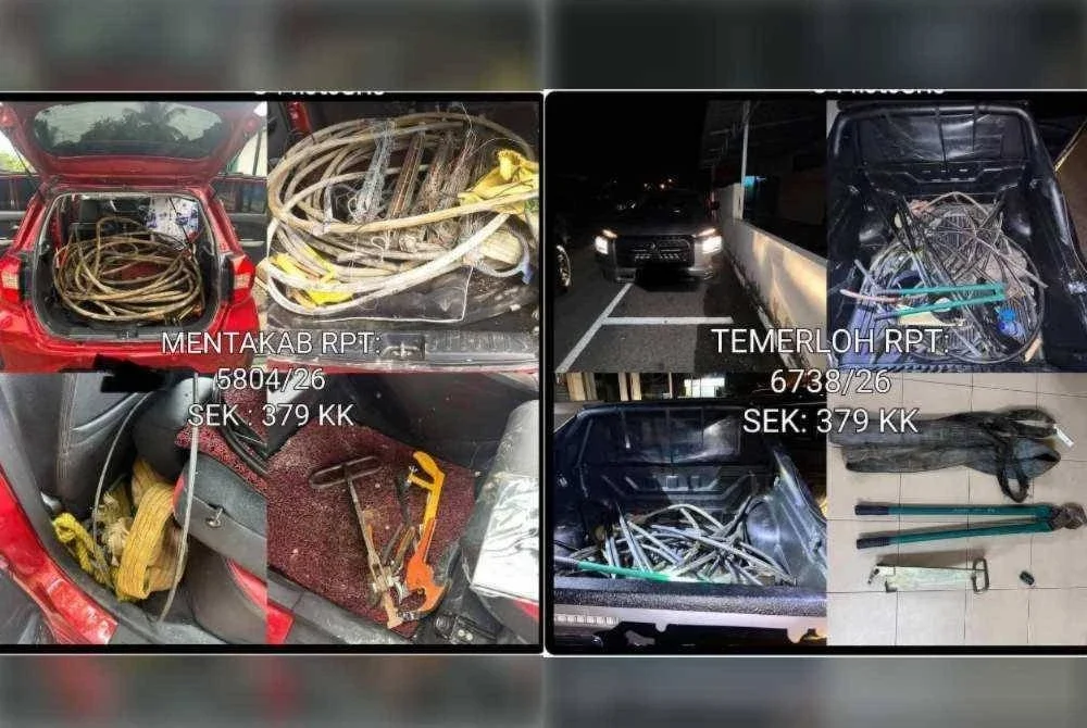 Polis merampas pelbagai jenis kenderaan, termasuk sebuah lori, selain gelung dan potongan kabel milik ECRL, TNB dan TM, potongan besi tiang serta pelbagai peralatan mencuri dan memproses kabel. Foto Polis Temerloh