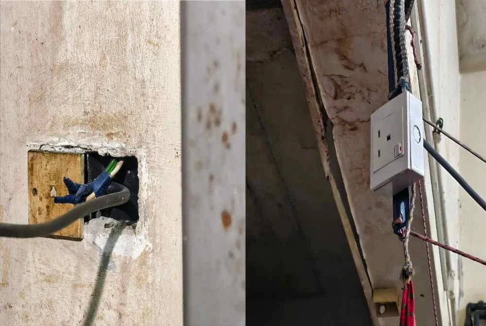 Keadaan pendawaian elektrik di sebuah asrama pekerja warga asing yang diperiksa dalam 'Op Sarang Burung'.