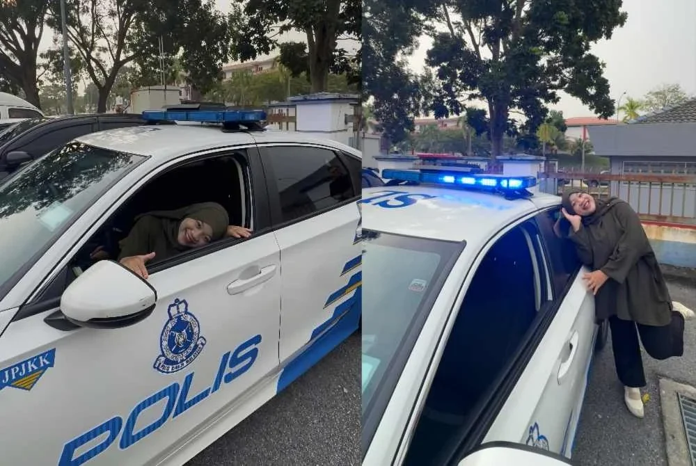 Nurul Asyira seronok dapat menaiki kereta peronda polis - Foto: Huzairi