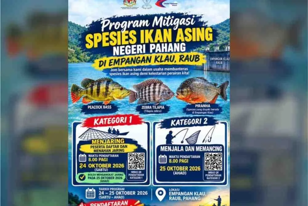 Orang ramai khususnya pemancing dan komuniti nelayan darat berpeluang menyertai Program Mitigasi Spesies Ikan Asing Negeri Pahang 2026 di Empangan Klau, Raub pada 24 dan 25 Oktober ini.