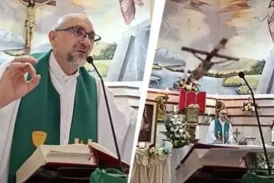 Rakaman menunjukkan salib itu tumbang secara tiba-tiba lalu menghempap paderi itu ketika beliau berdiri di belakang altar menghadap orang ramai yang hadir pada upacara tersebut. - FOTO: Agensi