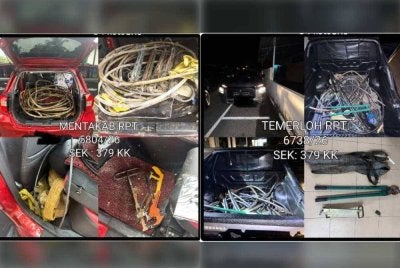 Polis merampas pelbagai jenis kenderaan, termasuk sebuah lori, selain gelung dan potongan kabel milik ECRL, TNB dan TM, potongan besi tiang serta pelbagai peralatan mencuri dan memproses kabel. Foto Polis Temerloh