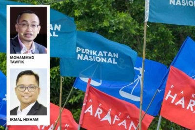 Bendera Perikatan Nasional (PN) bersama bendera parti komponen pada kempen pilihan raya sebelum ini.