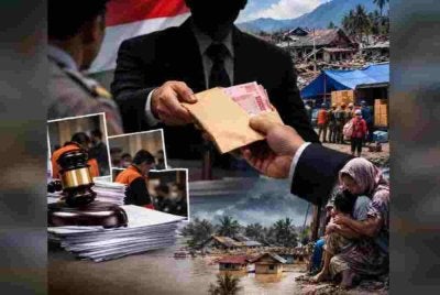 Dana yang sepatutnya digunakan untuk membantu mangsa bencana di Indonesia didakwa menjadi sasaran penyelewengan. Foto dijana AI