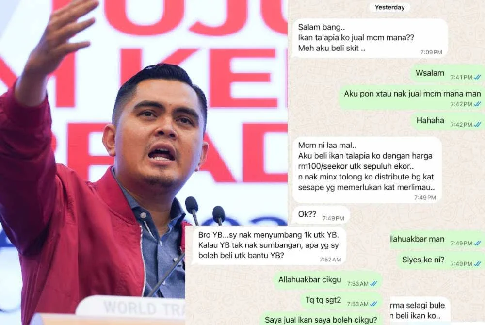 Tangkap layar perbualan WhatsApp Dr Muhamad Akmal dengan individu yang sudi membeli ikan tilapia ternakannya sebelum memintanya infak kepada rakyat Merlimau. Foto Facebook Akmal Saleh