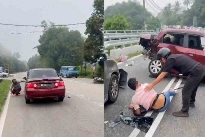 Tangkap layar video tular memaparkan sebuah Honda City melanggar sebuah motosikal.