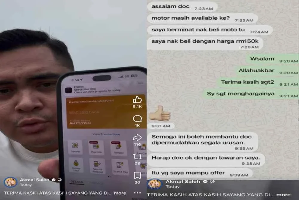 Tangkap layar dikongsikan Dr Muhamad Akmal memaparkan pembelian motosikal X-ADV serta jumlah terkumpul sumbangan orang ramai yang diterima menerusi akaunnya.