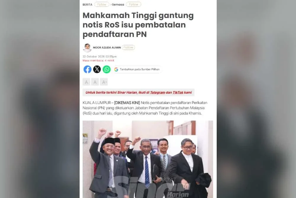 Mahkamah Tinggi pada Khamis membenarkan permohonan PN untuk menggantung pelaksanaan notis pembatalan pendaftaran gabungan itu sehingga prosiding substantif semakan kehakiman didengar.