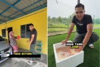Seorang wanita hamil menjadi indvidu pertama menerima infak ikan tilapia hasil ternakan Muhamad Akmal.