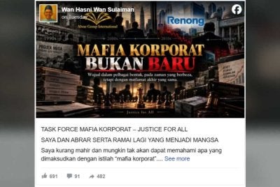 Tangkap layar hantaran Wan Hasni di Facebook mengenai mafia korporat.