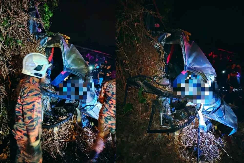 Kereta jenis Proton Wira terbabit dilaporkan terbabas sebelum merempuh sebatang pokok. Foto JBPM Johor