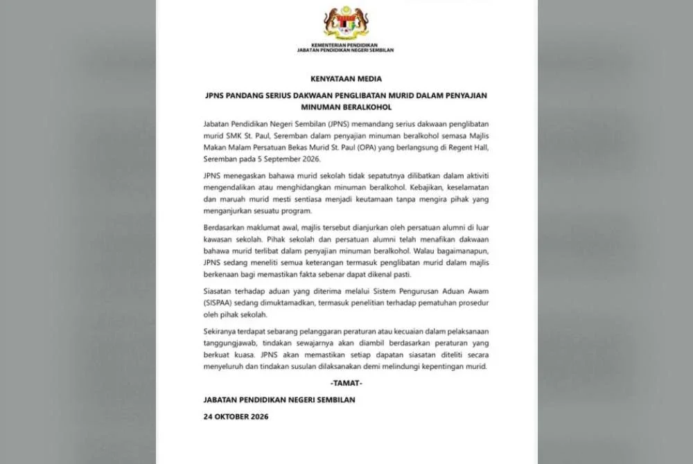 Kenyataan media dakwaan penglibatan murid dalam penyajian minuman beralkohol.
