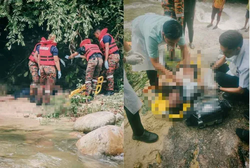 Kedua-dua mangsa ditemukan tidak sedarkan diri di tepi sungai sewaktu pasukan penyelamat tiba di lokasi kejadian. Foto: JBPM Perak