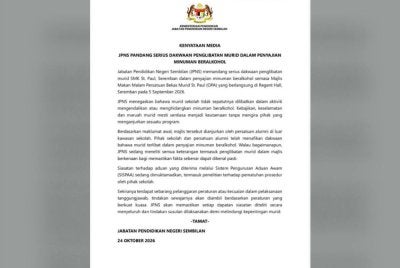 Kenyataan media dakwaan penglibatan murid dalam penyajian minuman beralkohol.