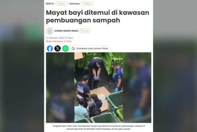 Mayat bayi perempuan dianggarkan berusia tujuh bulan ditemui di kawasan pembuangan sampah di sebuah apartmen di Abdullah Hukum Bangsar pada Jumaat.