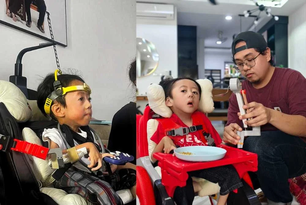 Gambar kiri - Sebelum ini Eilman terpaksa menggunakan kerusi keselamatan kanak-kanak untuk duduk. Ameer Adwan memasang alat bantu makan Eilman di kerusi rodanya