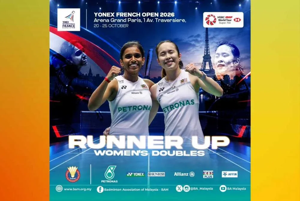 Pearly-Thinaah naib juara Terbuka Perancis 2026 di Arena Grand Paris, pada Ahad. FOTO: Badminton Association of Malaysia - BAM
