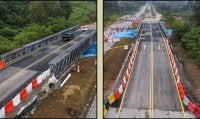 Hanya kenderaan ringan yang dibenarkan mengguna jalan lencongan sementara di lokasi lubang benam berhampiran Kelab Golf Gua Musang di Jalan Gua Musang-Kota Bharu yang dibuka bermula pada Ahad.Foto:JKR
