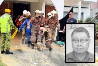 Mangsa berjaya dibawa keluar oleh pasukan bomba kira-kira jam 11.21 pagi selepas dipercayai terperangkap di bahagian dapur rumah berkenaan. Foto kecil: Wong Kar Lin