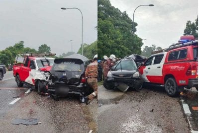 Keadaan kereta dinaiki mangsa selepas terlibat kemalangan di Kilometer 90, Jalan Kuala Terengganu - Kuantan, berdekatan Bukit Bauk, di Dungun pada Ahad.