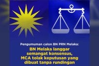 Penerangan MCA menegaskan, tindakan BN Melaka membuat keputusan berhubung agihan kerusi tanpa sebarang rundingan dan persetujuan terlebih dahulu telah melanggar semangat konsensus yang selama ini menjadi amalan gabungan politik itu.