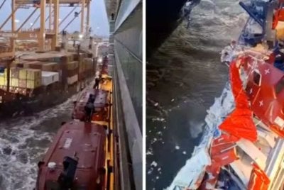 Sebuah kapal persiaran berlanggar dengan kapal kontena ketika meninggalkan pelabuhan. Foto Agensi