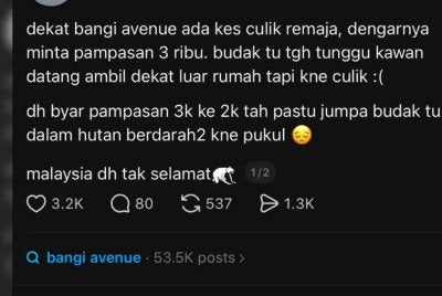Tular satu hantaran di Threads mendakwa seorang remaja yang menunggu rakannya datang mengambilnya di luar rumah berhampiran Bangi Avenue telah diculik.