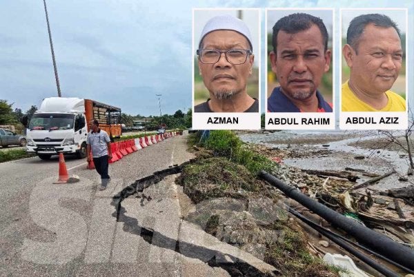 Keadaan rekahan dan retakan melengkung yang ketara pada permukaan jalan akibat tanah runtuh susulan hakisan di jalan utama di Kampung Selamat Pelabuhan.