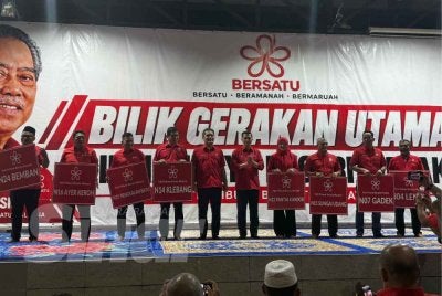 Mohd Radzi (tengah) dan Mohamed Azmin bergambar bersama lapan colon Bersatu PRN Melaka.