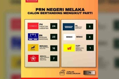 SERAMAI 79 calon mewakili pelbagai parti disahkan bertanding dalam Pilihan Raya Negeri (PRN) Melaka Ke-16.